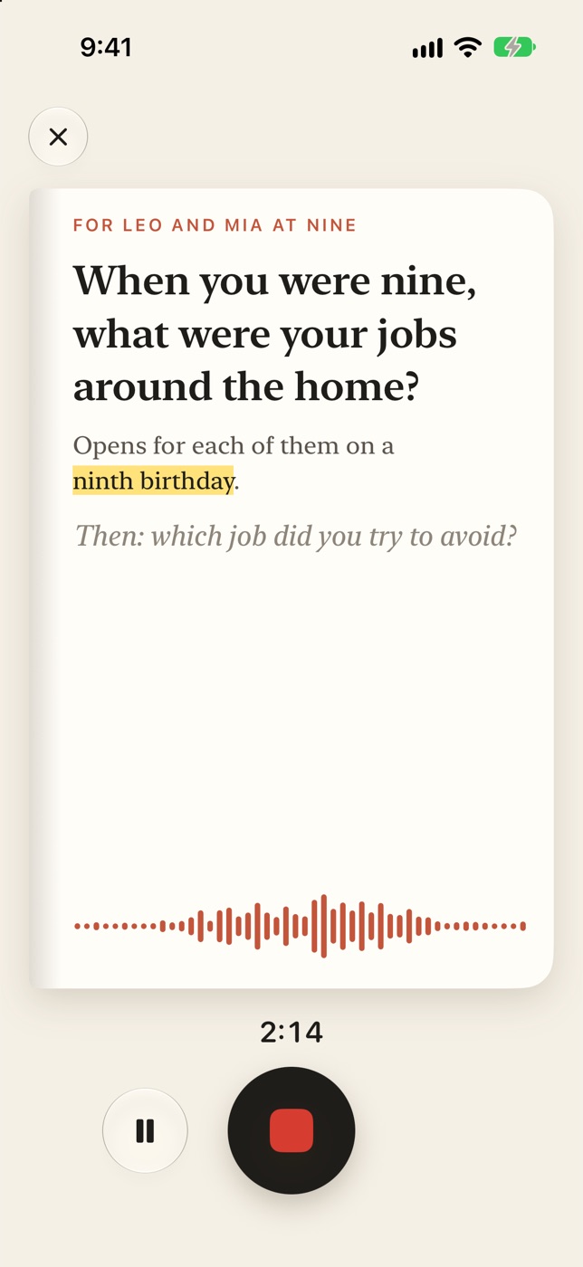 Recording a story. The page reads: When you were nine, what were your jobs around the home? Opens for each of them on a ninth birthday.